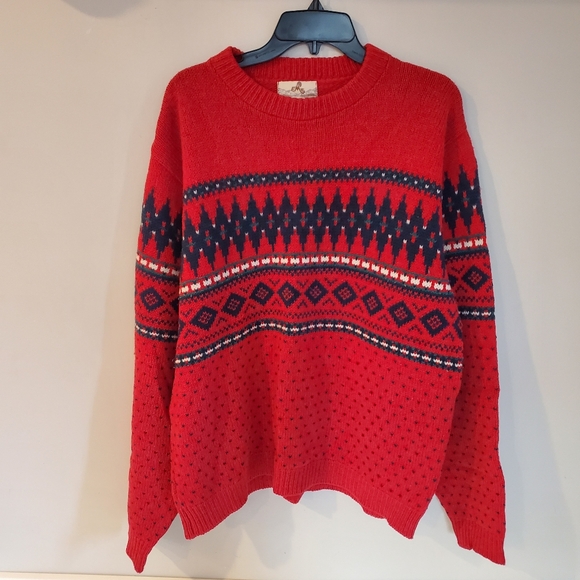 EMS Eastern Mountain Sports Wool Crewneck Sweater Fair Isle Red Blue Men Size L